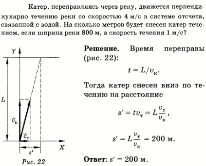 Катер, переправляясь через реку, движется перпендикулярно течению реки со скоростью 4 м/с в системе отсчета, связанной с водой. На сколько метров