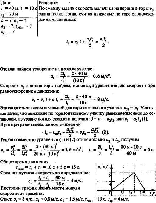 Мальчик съехал на санках с горы длиной 40 м за 10 с, а затем проехал по горизонтальному участку еще 20 м до остановки. Найти скорость в конце