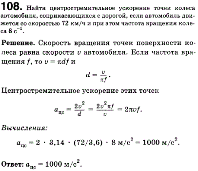 Найти центростремительное ускорение точек колеса автомобиля, соприкасающихся с дорогой, если автомобиль движется со скоростью 72 км/ч и при этом