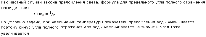 С повышением температуры показатель преломления воды несколько уменьшается. Как при этом изменяется предельный угол полного отражения для во