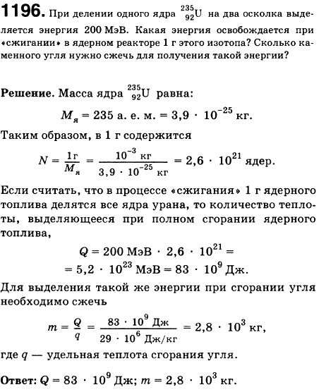 При делении одного ядра 235 92U на два осколка выделяется энергия 200 МэВ. Какая энергия освобождается при сжигании в ядерном реакторе 1 г этого