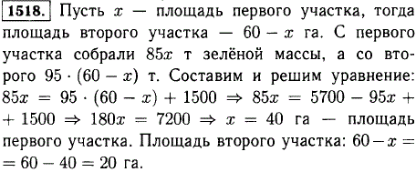 Площадь двух участков, засеянных кукурузой, равна 60 га. На одном участке с каждого гектара собрали 85 т зеленой массы, а на другом-95 т. С первого