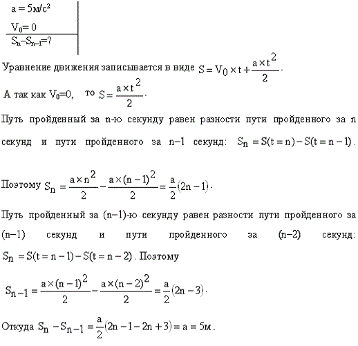 Материальная точка движется прямолинейно с ускорением a=5 м/с^2. Определить, на сколько путь, пройденный точкой в n-ю секунду, будет больше пути