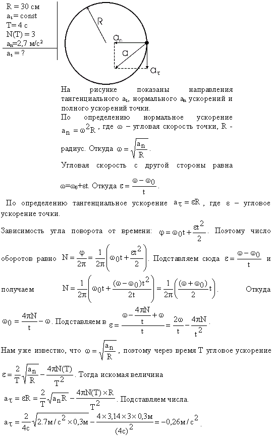 Точка движется по окружности радиусом R=30 см с постоянным угловым ускорением ε. Определить тангенциальное ускорение aτ точки, если известно