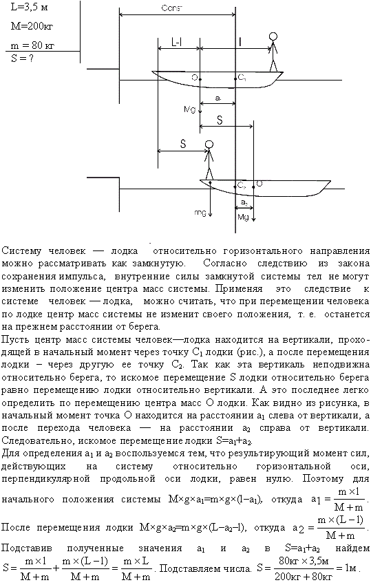 На сколько переместится относительно берега лодка длиной L=3,5 м и массой m1=200кг, если стоящий на корме человек массой m2=80 кг переместится