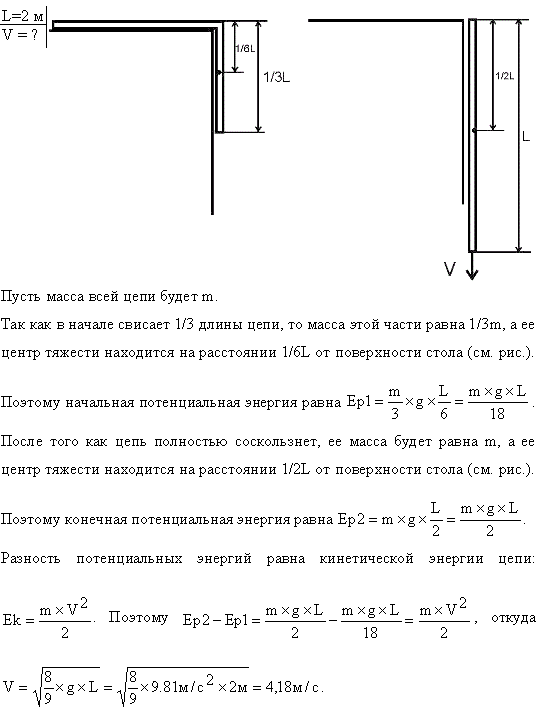 Цепь длиной l=2 м лежит на столе, одним концом свисая со стола. Если длина свешивающейся части превышает 1/3 l, то цепь соскальзывает со стола