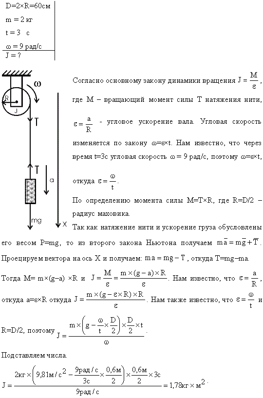 На обод маховика диаметром D=60 см намотан шнур, к концу которого привязан груз массой m=2 кг. Определить момент инерции J маховика, если он