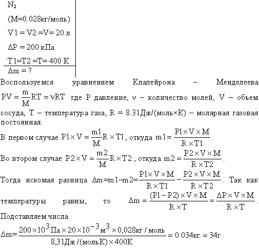 Баллон вместимостью V=20 л заполнен азотом при температуре T=400 К. Когда часть газа израсходовали, давление в баллоне понизилось на Δp=200 кПа