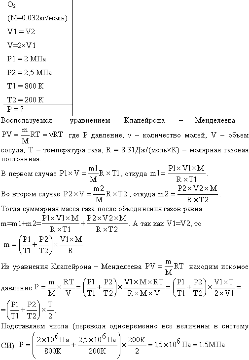 Два сосуда одинакового объема содержат кислород. В одном сосуде давление p1=2 МПа и температура T1=800 К, в другом p2=2,5 МПа, T2=200 К. Сосуды
