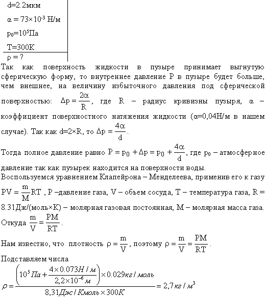 Воздушный пузырек диаметром d=2,2 мкм находится в воде у самой ее поверхности. Определить плотность ρ воздуха в пузырьке, если воздух над поверхностью