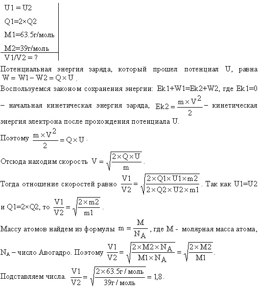 Найти отношение скоростей ионов Сu^++ и K+, прошедших одинаковую разность потенциалов.