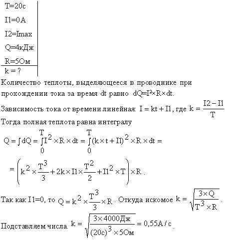 За время t=20 с при равномерно возрастающей силе тока от нуля до некоторого максимума в проводнике сопротивлением R=5 Ом выделилось количество
