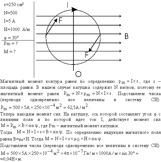 Короткая катушка площадью поперечного сечения S=250 см^2, содержащая N=500 витков провода, по которому течет ток силой I=5 A, помещена в однородное