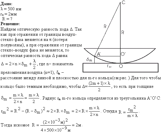 На стеклянную пластину положена выпуклой стороной плосковыпуклая линза. Сверху линза освещена монохроматическим светом длиной волны λ=500 нм