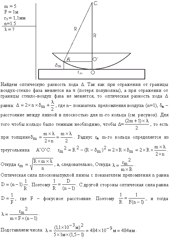Плосковыпуклая стеклянная линза с f=1 м лежит выпуклой стороной на стеклянной пластинке. Радиус пятого темного кольца Ньютона в отраженном свете