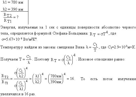 Как и во сколько раз изменится поток излучения абсолютно черного тела, если максимум энергии излучения переместится с красной границы видимого