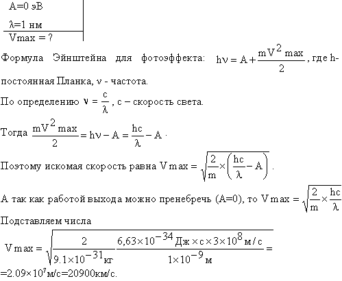 На металл падает рентгеновское излучение с длиной волны λ=1 нм. Пренебрегая работой выхода, определить максимальную скорость vmax фотоэлектр