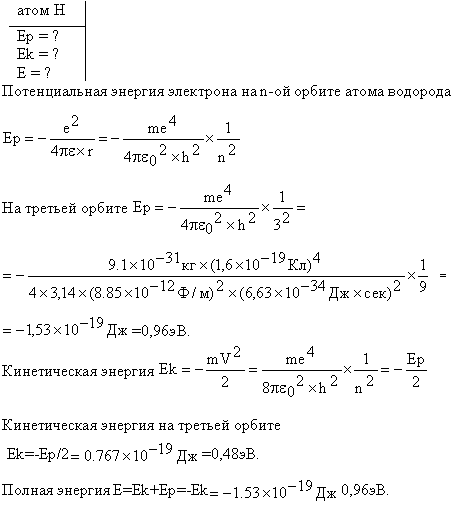 Электрон в атоме водорода находится на третьем энергетическом уровне. Определить кинетическую T, потенциальную П и полную E энергию электрона