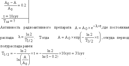 Активность A некоторого изотопа за время t=10 сут уменьшилась на 20%. Определить период полураспада T1/2 этого изотопа.