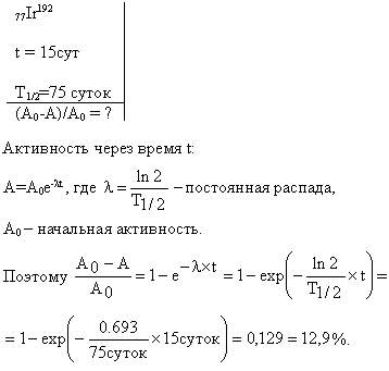 На сколько процентов уменьшится активность изотопа иридия ^192 77Ir за время t=15 сут?