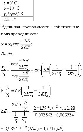 При нагревании кремниевого кристалла от температуры t1=0°C до температуры t2=10°C его удельная проводимость возрастает в 2,28 раза. По приведенным