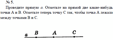 Проведите прямую а. Отметьте на прямой две какие-нибудь точки А и В. Отметьте теперь точку С так, чтобы точка А лежала между точками В и С