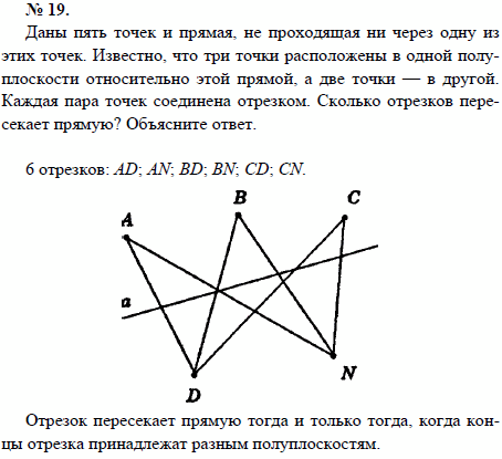 Даны пять точек и прямая, не проходящая ни через одну из этих точек. Известно, что три точки расположены в одной полуплоскости относительно этой