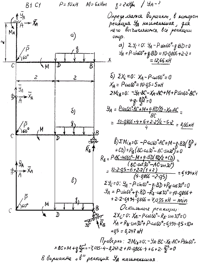 Задание C1 вариант 1. P=10 кН, M=6 кН*м, q=2 кН/м, исследуемая реакция YA.