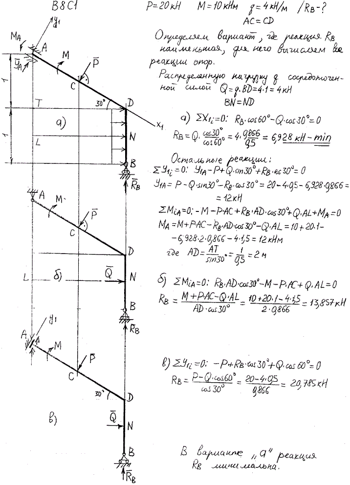 Задание C1 вариант 8. P=20 кН, M=10 кН*м, q=4 кН/м, исследуемая реакция RB.