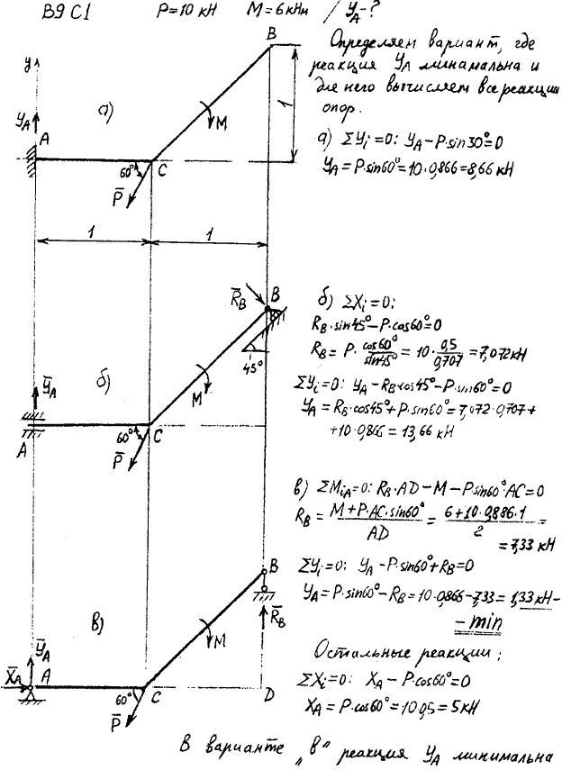 Задание C1 вариант 9. P=10 кН, M=6 кН*м, исследуемая реакция YA.