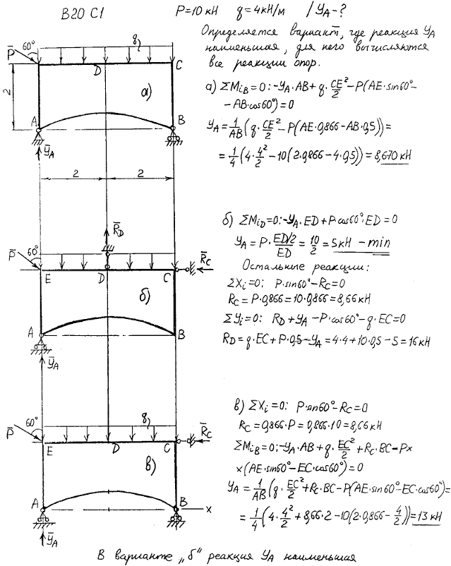 Задание C1 вариант 20. P=10 кН, q=4 кН/м, исследуемая реакция YA.