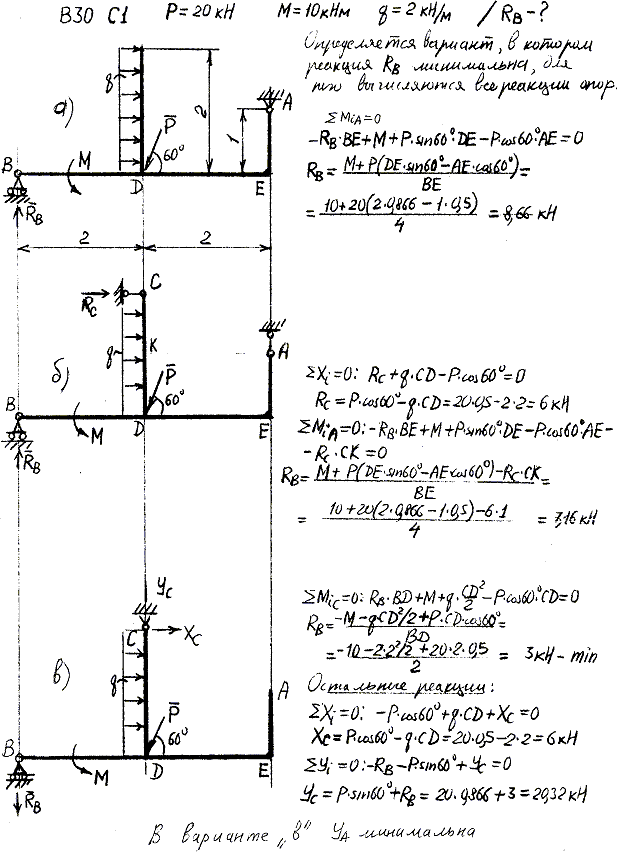 Задание C1 вариант 30. P=20 кН, M=10 кН*м, q=2 кН/м, исследуемая реакция RB.