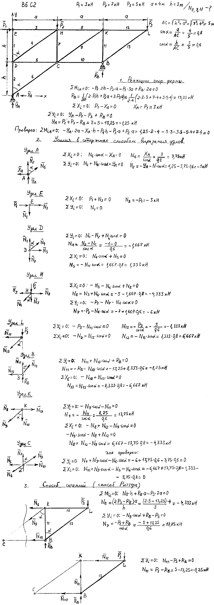 Задание C2 вариант 6. P1=3 кН, P2=7 кН, P3=5 кН, a=4 м, h=3 м, номер стержня 8, 9, 11.