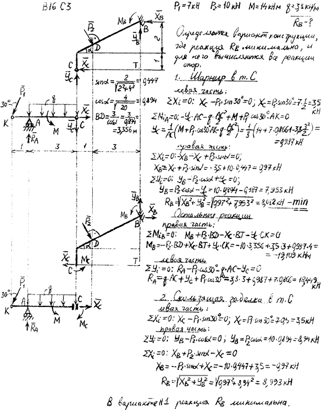 Задание C3 вариант 16. P1=7 кН; P2=10 кН; M=14 кН*м; q=3,8 кН/м; исследуемая реакция RB; вид скользящей заделки