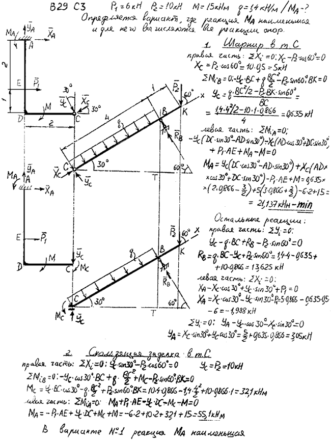 Задание C3 вариант 29. P1=6 кН; P2=10 кН; M=15 кН*м; q=1,4 кН/м; исследуемая реакция MA; вид скользящей заделки