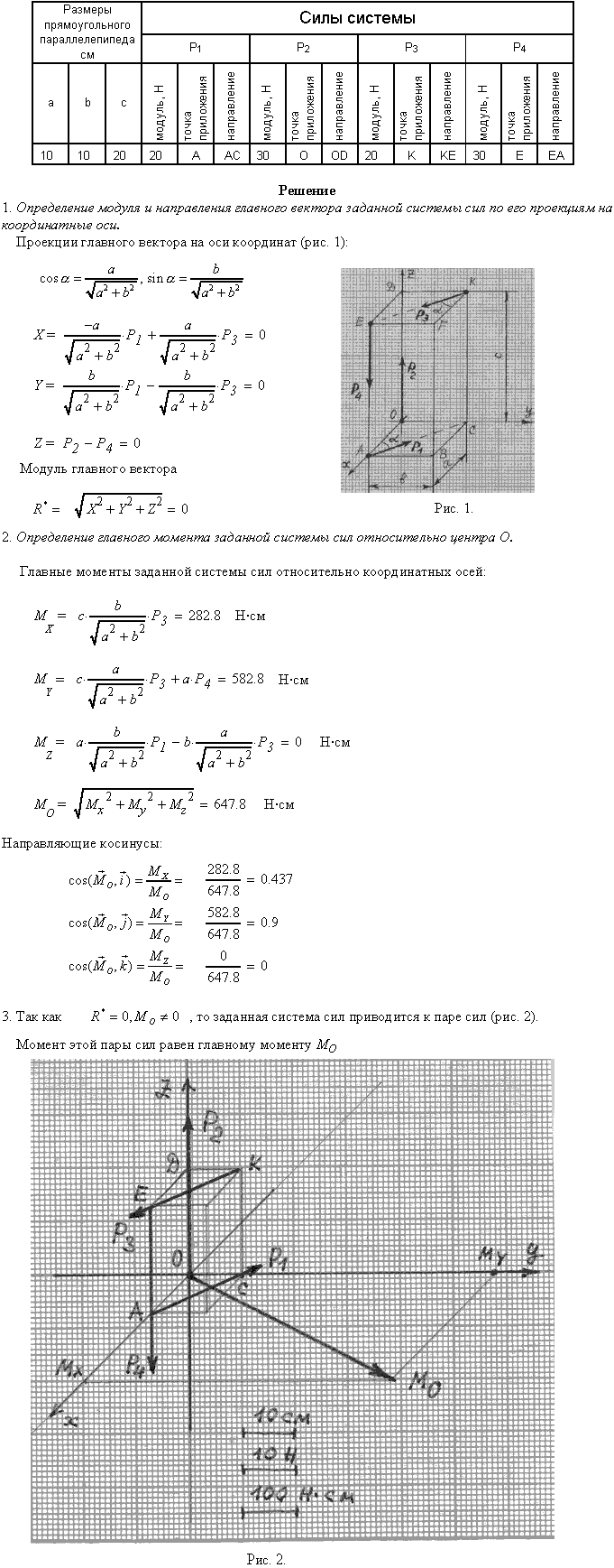 Задание С6 вариант 10. a=10 см; b=10 см; c=20 см; P1=20 Н; P2=30 Н; P3=20 Н; P4=30 Н; точки приложения сил P1: A; P2: O; P3: K; P4: E; направления