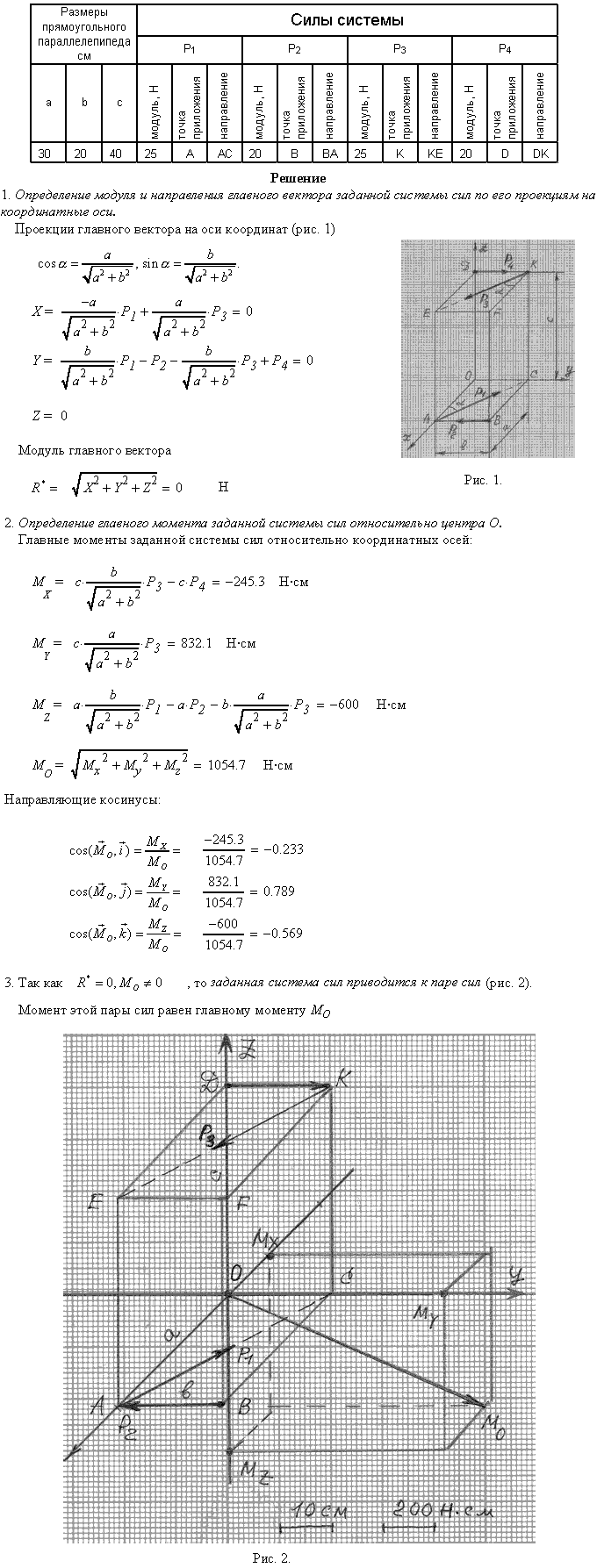 Задание С6 вариант 25. a=30 см; b=20 см; c=40 см; P1=25 Н; P2=20 Н; P3=25 Н; P4=20 Н; точки приложения сил P1: A; P2: B; P3: K; P4: D; направления