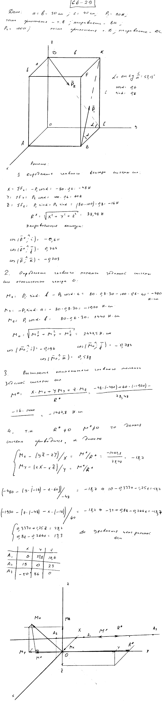 Задание С6 вариант 29. a=30 см; b=30 см; c=40 см; P1=80 Н; P2=100 Н; точки приложения сил P1: B; P2: D; направления P1: BK; P2: DC.