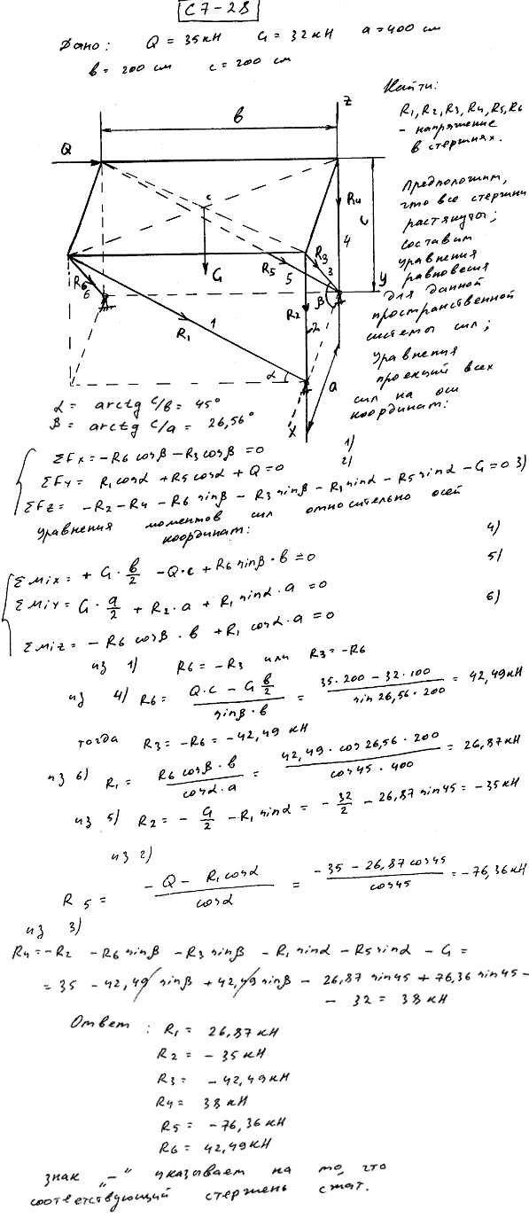 Задание С7 вариант 28. Силы: Q=35 кН, G=32 кН, Размеры: a=400 см, b=200 см, c=200 см