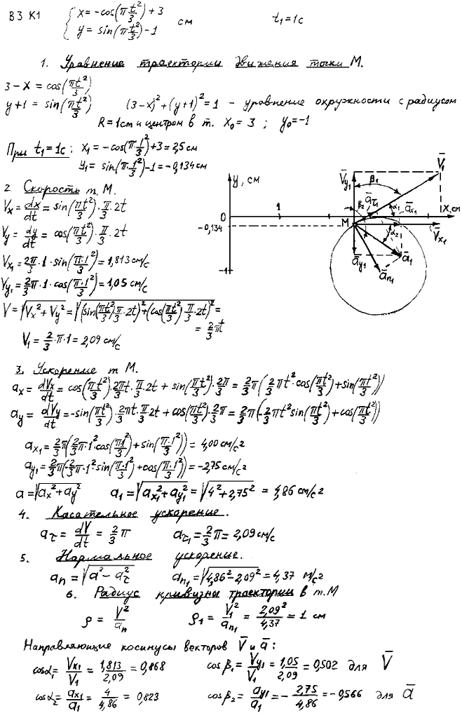 Задание К.1 вариант 3. x t)=-cos(&pi;t^2/3)+3, y(t)=sin(&pi;t2/3 -1, t1=1 с