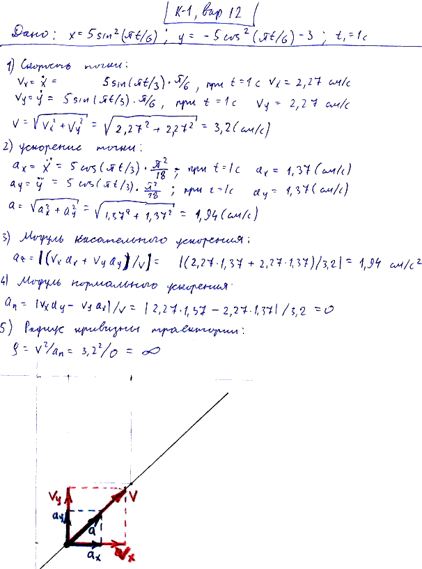 Задание К.1 вариант 12. x t)=5sin^2(&pi;t/6), y(t)=-5cos2 (&pi;t/6 -3, t1=1 с