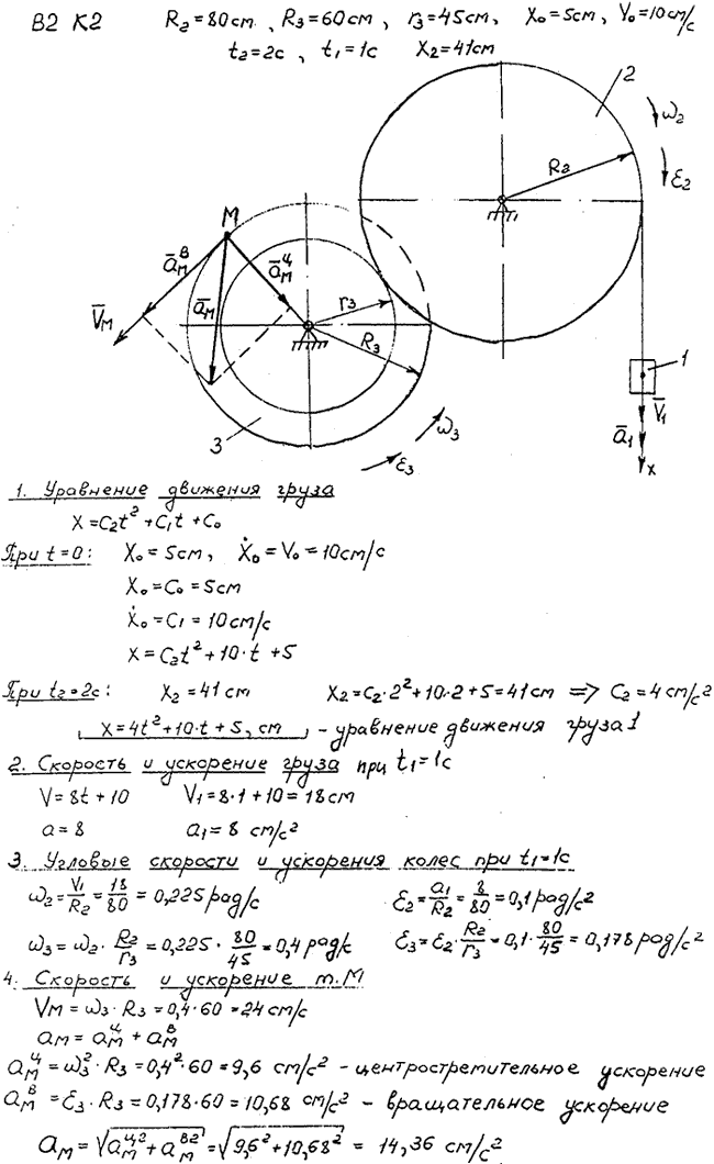 Задание К.2 вариант 2. R2=80 см, R3==60 см, r3=45 см, x0=5 см, v0=10 см/с, x2=41 см, t2=2 с, t1=1 с