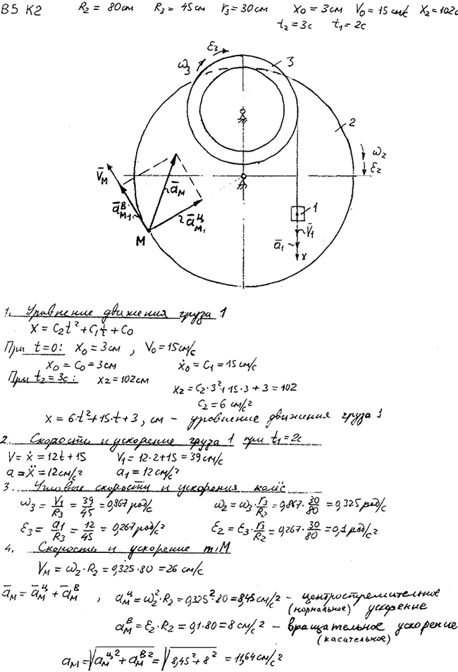 Задание К.2 вариант 5. R2=80 см, R3==45 см, r3=30 см, x0=3 см, v0=15 см/с, x2=102 см, t2=3 с, t1=2 с