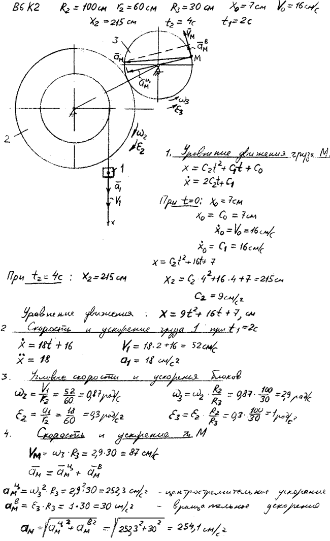 Задание К.2 вариант 6. R2=100 см, r2=60 см, R3==30 см, x0=7 см, v0=16 см/с, x2=215 см, t2=4 с, t1=2 с