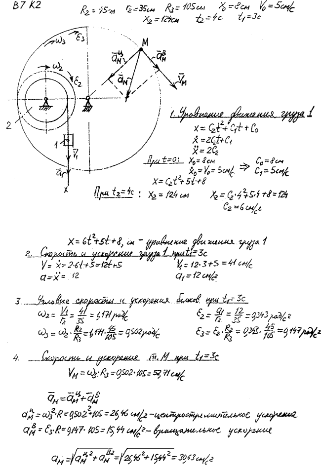 Задание К.2 вариант 7. R2=45 см, r2=35 см, R3==105 см, x0=8 см, v0=5 см/с, x2=124 см, t2=4 с, t1=3 с