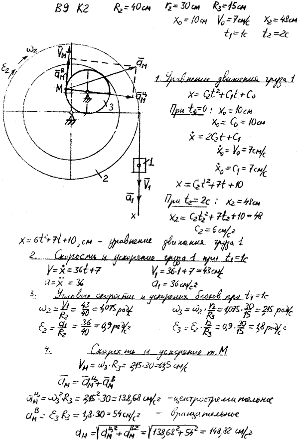 Задание К.2 вариант 9. R2=40 см, r2=30 см, R3==15 см, x0=10 см, v0=7 см/с, x2=48 см, t2=2 с, t1=1 с