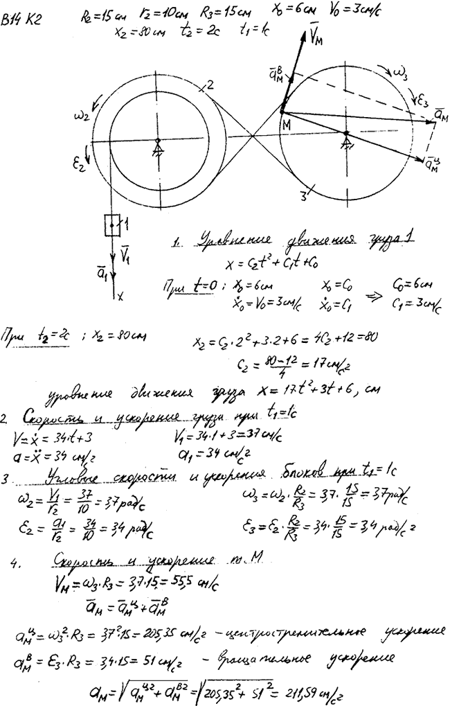 Задание К.2 вариант 14. R2=15 см, r2=10 см, R3==15 см, x0=6 см, v0=3 см/с, x2=80 см, t2=2 с, t1=1 с