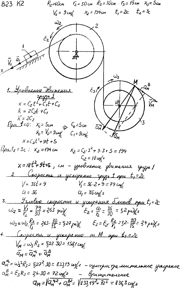 Задание К.2 вариант 23. R2=40 см, r2=30 см, R3==30 см, r3=15 см, x0=5 см, v0=9 см/с, x2=194 см, t2=3 с, t1=2 с
