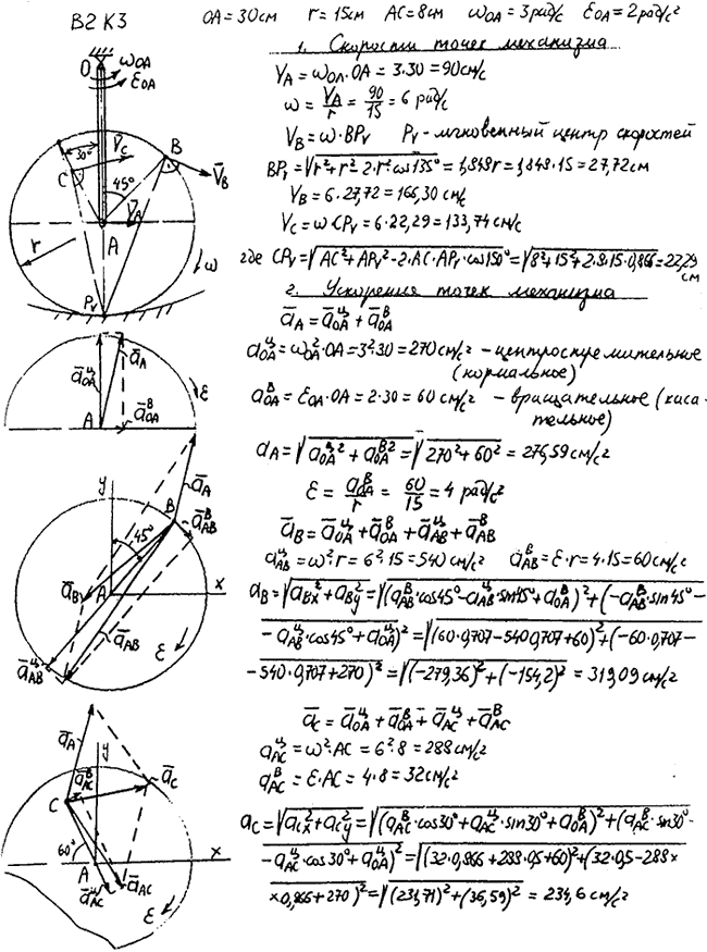 Задание К.3 вариант 2. OA=30 см, r=15 см, AC=8 см, ωOA=3 рад/с, εOA=2 рад/с^2