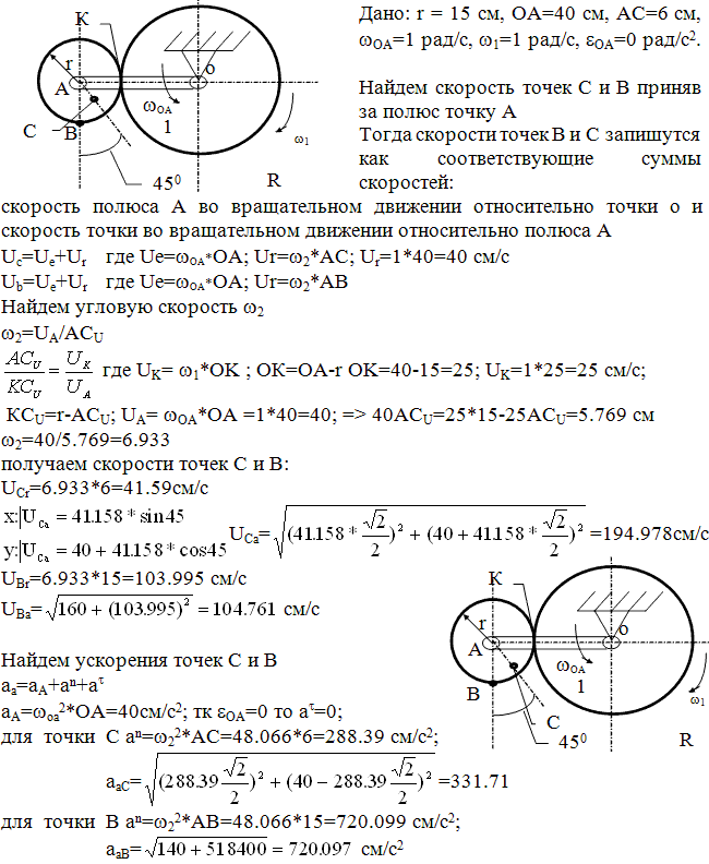 Задание К.3 вариант 6. OA=40 см, r=15 см, AC=6 см, ωOA=1 рад/с, ωI=1 рад/с, εOA=0 рад/с^2